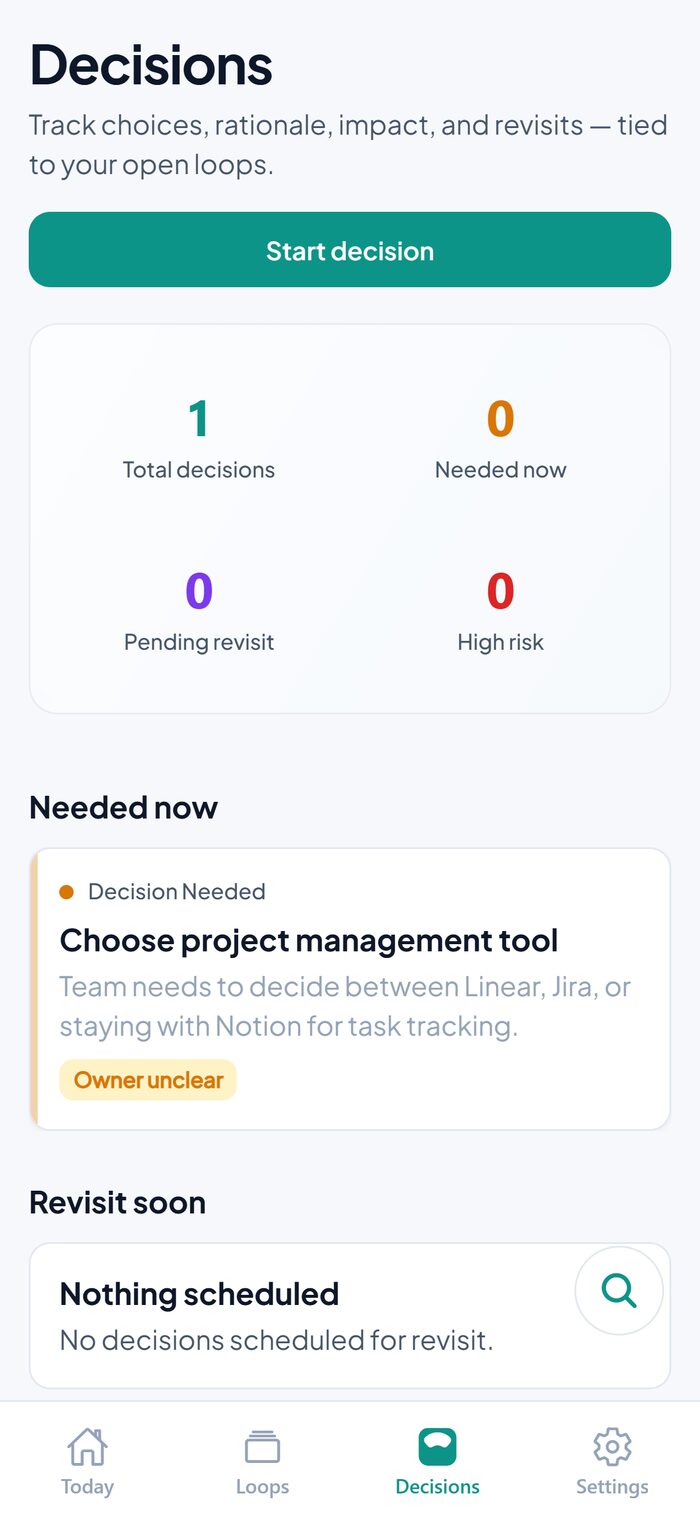 LoopTidy Decisions screen showing tracked decisions