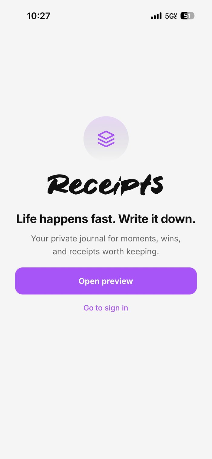 Receipts landing screen with logo and tagline