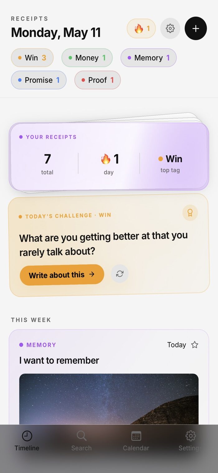 Receipts timeline showing tag counts and today's entries